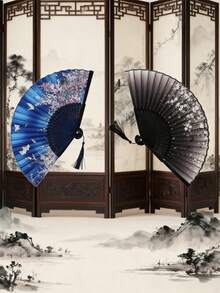 Antique Folding Fan, Bamboo Fan, Chinese Silk Fan, Chinese Role-Playing Fan, Dance Fan, Mask Fan, Handheld Bamboo Silk Folding Fan, Clothing Accessories, Dance Performance Props, Classic Ancient Chinese Pattern Folding Fan, Japanese Landscape Dance Performance Fan, Disco Fan, Charming And Elegant Retro Style Of China And Japan, Best Gift For Women