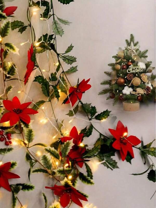 1pc/2PCS Best Christmas Crafts Art Vine Ornaments Decor Gift Artificial Poinsettia Red Berry Holly Leaves Wreath Home Decoration,Funny Winter Xmas Plastic Craft Greenery Garland Presents For Indoor Outdoor Friend Wedding Favours Accessories Engagement Party Birthday Living Room Bedroom House Table Wall Door Hanging Decorations Fake Plants Leaves Rattan Holiday Festival Essentials Personalised Gifts For Women