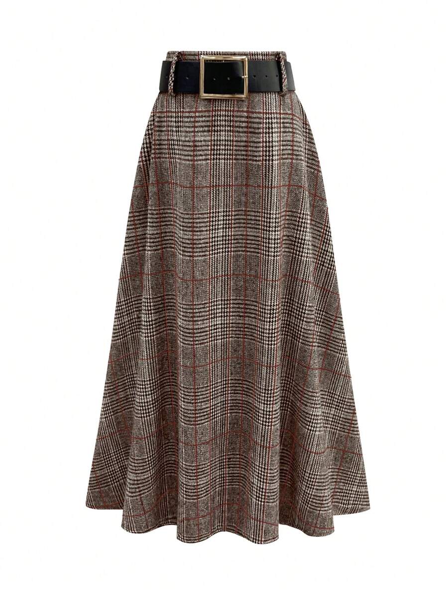 EARO Chân váy chữ A kẻ caro thời trang dành cho nữ, đa năng và thanh lịch, rộng rãi và thon gọn - Trắng nâu - Xem 1