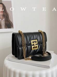 1pc Solid Color PU Shoulder Bag For Women, Fashionable Diamond Shape Embroidery Pattern Square Bag With Metal Chain Strap And Lock Closure, Perfect For Shopping, Dating, Gifts For Teen Girls, College Students, Novices And White-Collar Workers, Ideally Suitable For Office, School, Work, Business, Commuting - Black - View 2