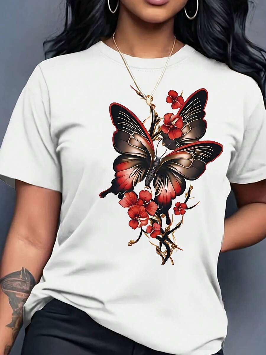 Camiseta de Mujer con Estampado de Mariposa e Hibisco en Blanco y Rojo - Manga Corta, Cuello Redondo, Corte Holgado, Blusa Ligera y Transpirable para Verano con Yoke de Alas blancas, Atuendo Casual Inspirado en Hawái (Lavable a Máquina) para Playa y Uso Diario