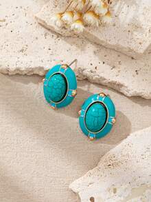 زوج من أقراط الأذن المرصعة بالمينا ذات التصميم الهندسي الأنيق والفيروز الاصطناعي، بطراز رجعي مناسب للنساء للارتداء في الحفلات والمناسبات والمناسبات اليومية