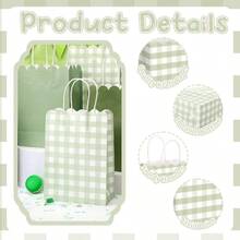 D24 Pcs Sage Green Gingham Party Plies Gift Bags With Handles Scallop Kraft Paper Treat Goodie Party Favor Bags For Baby Shower Birthday Wedding Decor Sage Green - 鼠尾草綠 - 查看 4
