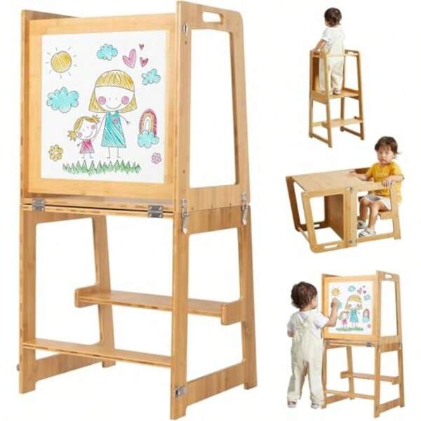 Foldable Toddler Kitchen Tower Baby Montessori  With Safety Rail Wooden Learning Tower Adjustable Learning Step Stool