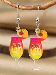 1 Pair Of 2D Acrylic Tropical Cocktail Glass Drop Earrings Colorful Double-Sided Design Ladies Fashion Accessories Suitable For Casual And Festive Wear - Đỏ - Xem 8