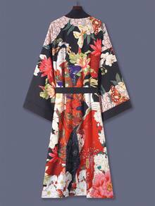 Kimono de manga 3/4 de longitud media con estampado floral, chaqueta fina y elegante de uso casual para mujer, adecuado para la calle, la playa, los viajes, las vacaciones, bata ligera, incluye faja Primavera Negro - Negro - Ver 3