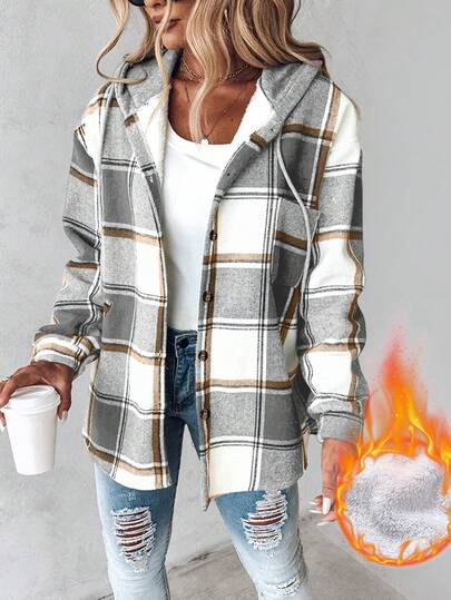 Plaid Print Buttoned Hooded Shacket