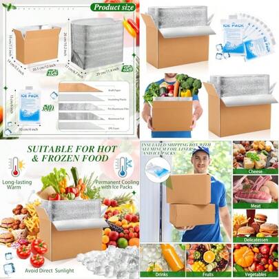Honoson 2 Pcs Thermal Insulated Shipping Boxes For Frozen Food With Ice Pack And Aluminum Foil Liner For Shipping Big Cold Pack Cooler Mailing Boxes For Moving Hot Frozen Food 12'' X 5.5'' X 7.5'' Gift