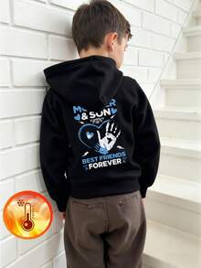 1pc Valentine's Day Young Boy Casual Heart Print Pullover Sweatshirt, Loose Fit, Warm Thermal Lining, Suitable For Students, Autumn/Winter - Black - View 7