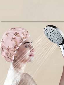 1个防水双层蝴蝶结浴帽，弹性浴帽，成人厨房防油帽，浴室吹干帽，可调节松紧带，适用于洗脸、吹干头发、化妆、烹饪、洗发，可重复使用，带松紧带，圣诞节、母亲节礼物、返校用品 - 彩色 - 查看 4