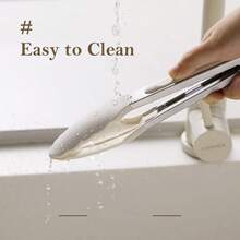 烹饪夹，不锈钢耐热材质，带锁扣，硅胶手柄，适用于不粘锅具。可用于煎锅，抓握力强，方便夹取食物、拌沙拉、空气炸锅等，拉环设计，厨房用具，食品