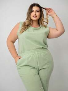 Women's Plus Size Linen Set: Tank Top And Wide-Leg Pants - Verde Claro - 查看 6
