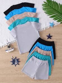 10pcs/Set Baby Casual Solid Color Knit Fabric T-Shirt Matched With Solid Color Shorts Outdoor Suit, Spring/Summer - Nhiều màu - Xem 2