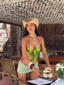 Women's Swimsuit Set, Featuring Backless Crop Top With Geometric Pattern And Tie-Back Design, Paired With Triangle Bikini Bottom, Suitable For Beach Vacation - Green - View 3