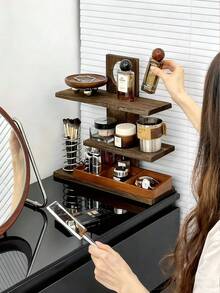 1 pieza Estantería de 3 niveles de gran capacidad con acabado de grano de nogal, estilo nórdico, color nogal, forma trapezoidal, para almacenamiento de accesorios de café/rincón de café, organizador de escritorio multiusos, almacenamiento de cosméticos/regalo de cumpleaños - Marrón - Ver 4