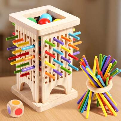 3-In-1 Wooden Stick Puzzle Toy, Includes 30 Colorful Wooden Sticks, 1 Dice, 4 Balls. Players Take Turns Pulling Out Sticks To Keep The Tower From Falling, With The Goal Of Not Letting The Balls Drop To The Table. This Game Trains Hand-Eye Coordination, Focus, And Strategic Thinking. Suitable As A Christmas, Halloween, Easter, Or Birthday Gift For Boys And Girls.