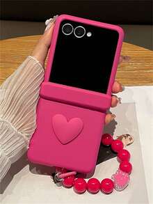 Pink Y2K Stylish Heart Solid Color Folding Phone Case With 3D Cartoon Rabbit Flower Bead Chain Compatible With Samsung Galaxy Z Flip7 Flip6 Flip5 Flip4 3 Korean Cute Matte PC Hard Back Cover - Hot Pink - View 3