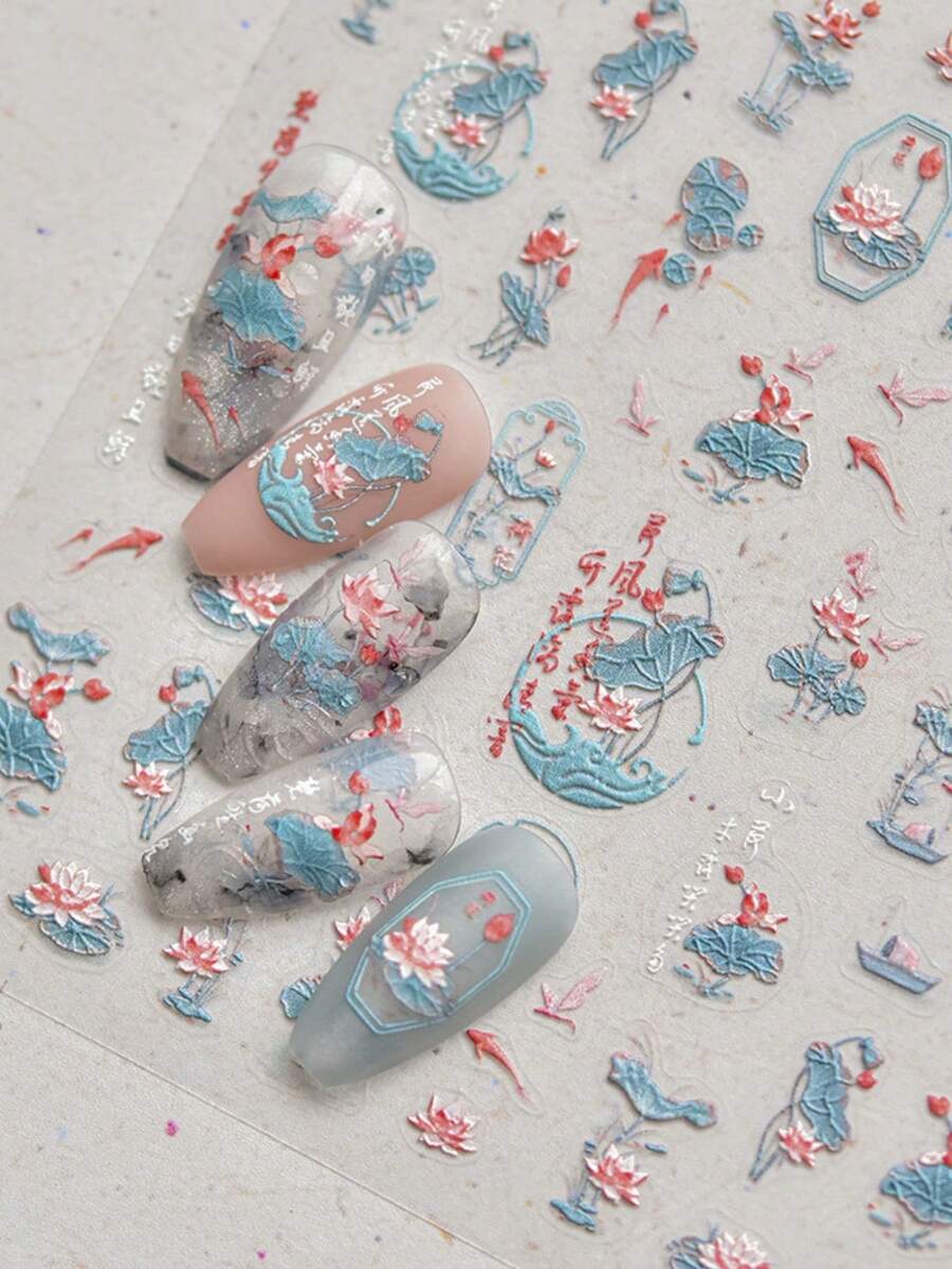 1pc Embossed Lotus Pond Blooming Flowers Dragonfly Koi Fish Boat Press-On Nail Stickers 5D Nail Art Oriental Garden Water Scene Self Adhesive Nails For Women's Elegant DIY Manicure Decals