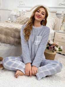 2025春秋冬女式圆领长袖直筒格子口袋常规上衣和格子裤宽松、简约、优雅、休闲、经典睡衣两件套 - 藍色 - 查看 4