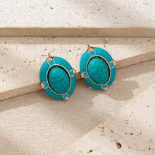 زوج من أقراط الأذن المرصعة بالمينا ذات التصميم الهندسي الأنيق والفيروز الاصطناعي، بطراز رجعي مناسب للنساء للارتداء في الحفلات والمناسبات والمناسبات اليومية