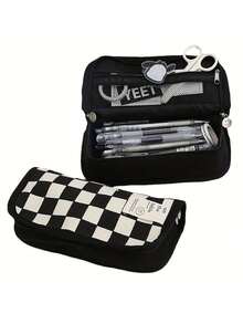 Large Capacity Pencil: Checkerboard Grid Design, Canvas Multi-Functional Pencil Bag - Black and White Plaid - View 1