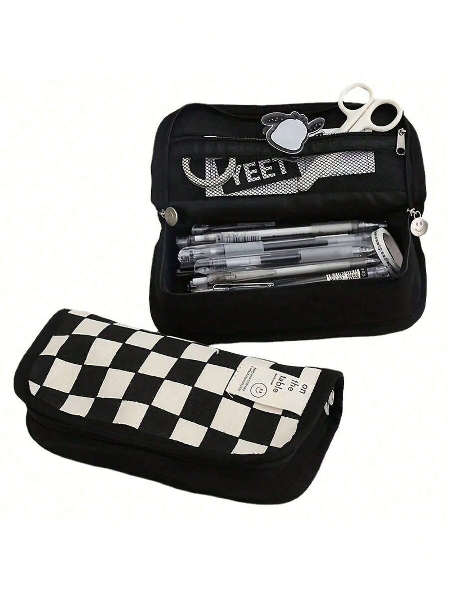 Large Capacity Pencil: Checkerboard Grid Design, Canvas Multi-Functional Pencil Bag - Black and White Plaid - View 1
