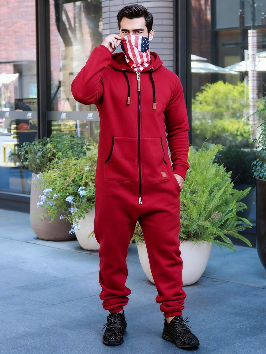 Red Solid Color Men's Hooded Fleece Jumpsuit With A National Flag Mask, Long Sleeves With Front Pocket, Long Zipper, Hood Drawstrings, Comfortable And Stylish Workwear, Zip-Up Work Pants, One-Piece Loungewear, A Must-Have Gift, Mask Can Be Used As A Headscarf, Neck Warmer, Or Hat For Multifunctional Use. - 紅色 - 查看 1