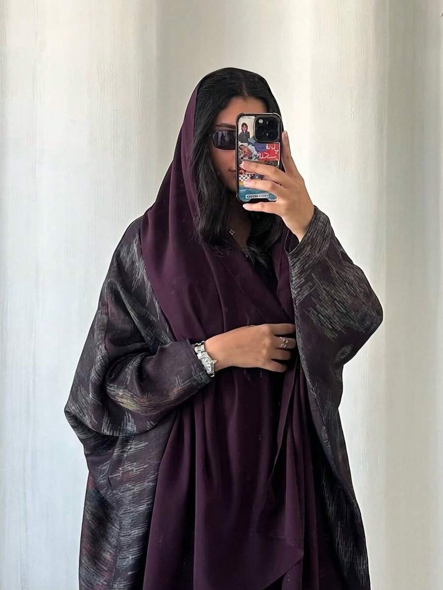 1pc Fashionable Minimalist Floral Retro Print Layered Open Sleeve Middle Eastern Women Long Dress, Elegant Robe/Abaya Suitable For Daily Wear And Festivals Spring Black - Black - View 1