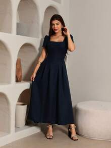 Luxury Midi Dress, Plain, Stylish And Elegant, Duna Linen, Short Sleeves. - 藏蓝色 - 查看 2