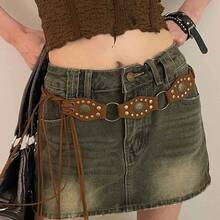 1 Piece Retro Western Rivet Belt For Women,  Brown Waist Cincher, Decorative Accessory For Skirts & Pants, High-End Feel, Light Luxury, Personalized Design, Fashionable Style, Fresh Look, Suitable For Daily Wear, Western-Themed Parties, Countryside Trips, Dating & Casual Outings - 棕色綁帶 - 查看 12