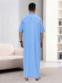 AL HARAMAIN 2025 Qatar Thobe Latest Hot Selling Premium Men's Arabic Robe, Soft Non-Pilling Fabric, Fashionable Short Sleeve Mandarin Collar Four-Button Design, Men's Prayer Robe, Machine Washable, Suitable For All Seasons And Formal Religious Occasions | Round Neck Design | Smooth Texture | Men's Formal Wear Men's Traditional Arabic Robe, Qatar Design