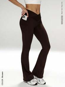 显瘦高腰设计，内置口袋，喇叭裤腿，高腰喇叭瑜伽裤，收腹运动紧身裤，带口袋健身裤，高腰收腹喇叭紧身裤带口袋 - 棕色 - 查看 1