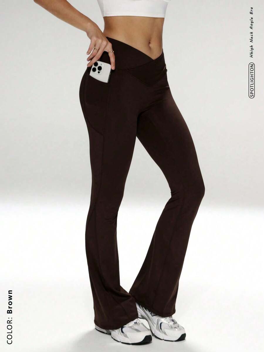显瘦高腰设计，内置口袋，喇叭裤腿，高腰喇叭瑜伽裤，收腹运动紧身裤，带口袋健身裤，高腰收腹喇叭紧身裤带口袋 - 棕色 - 查看 1