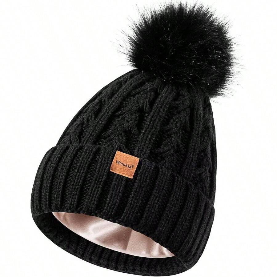 Winuesa Satin Lined Beanie For Women With Pom Pom Fashionable Womens Winter Hats Silk Beanies Cute Warm Knit Hat Skull Cap - Black - View 1