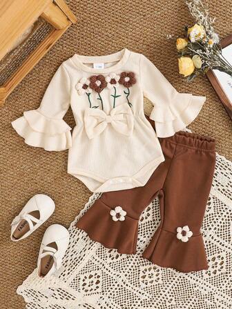 2pcs Baby Girls' Crew Neck Long Sleeve Floral Embroidery Bow Jumpsuit + Brown Flare Pants Set