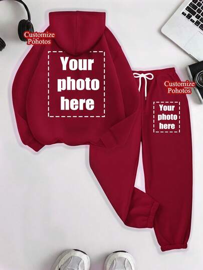 2-delat set med huvtröja och mjukisbyxor, personlig Thanksgiving-present, julklapp - personlig sporttröja för kvinnor, lägg till din egen text/bild (märkesdesign/företagslogotyp/familjefoto/selfie) för att designa din egen personliga tryckta tröja, present till flickvän, dejttröja för par, sporttröja