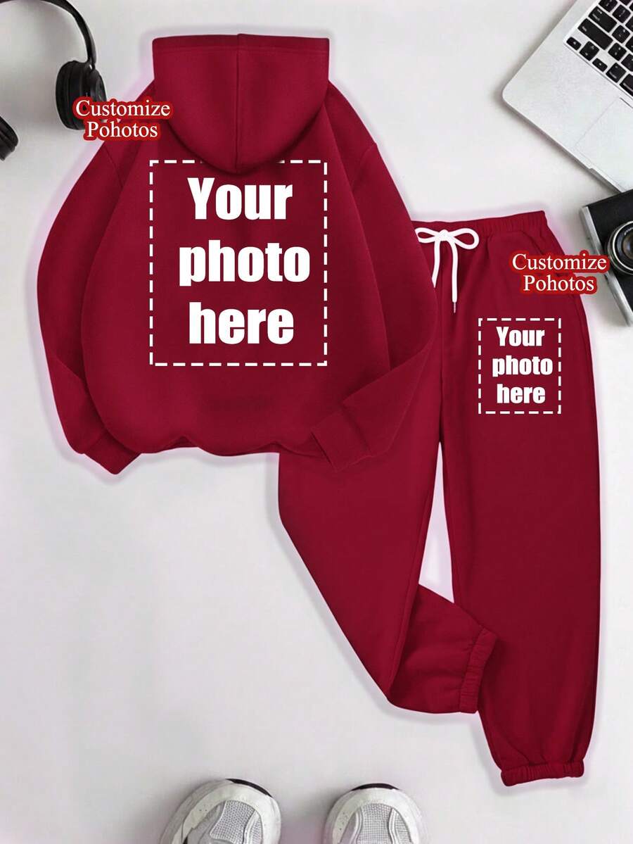 两件套连帽衫+运动裤，可定制个性化感恩节礼物、圣诞节礼物 - 定制女士运动卫衣，可添加您自己的文字/图片（徽章设计/公司标志/家庭照片/自拍）来设计您专属的个性化印花卫衣，送给女朋友的礼物，情侣约会服，运动卫衣 - 酒紅色 - 查看 1