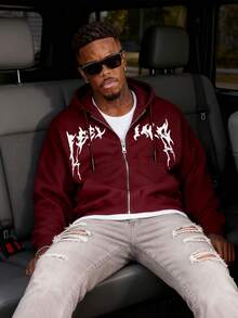 Modcrash Men Vintage Washed Zip Up Hoodie, Loose Fit Oversized Sweatshirt With Metal Zipper Reinforced Seams, Streetwear Campus Hooded Jacket Sports Fall/Autumn/Winter - Red - View 3