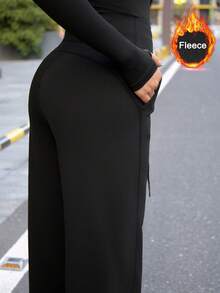 Pantalones rectos de pierna ancha con forro térmico para mujer en otoño/invierno, con corte que favorece la figura, con bolsillos y cintura con cordón - Negro - Ver 3