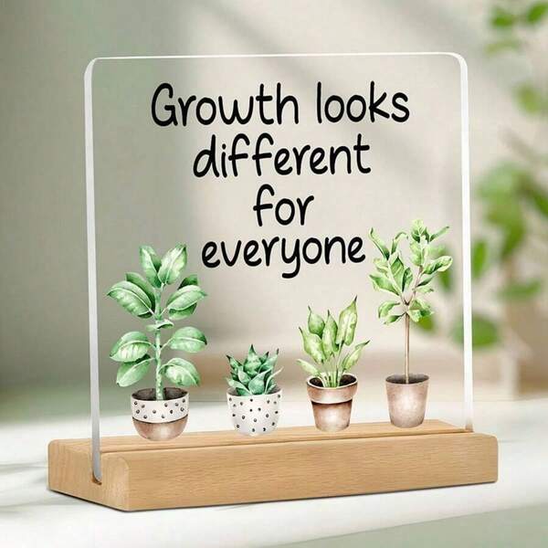 1pc [Office Decor] Inspirational Acrylic Desk Plaque "Growth Looks Different For Everyone" - 4x4 Inches, English Version With Wooden Stand, Ideal For Office, Classroom & Partition Decor, Motivational Gift With Protective Film, Office Decor Accessory | Modern Acrylic Plaque | Clear Text Design, Perfect For Room Decor,Back To School,School Supplies