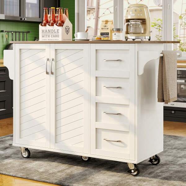 Carrinho de cozinha com portas de armário listradas na diagonal, carrinho de jantar removível com toalheiro e porta-tempero, divisórias ajustáveis, buffet de cozinha, tampo de mesa com textura de madeira, branco
