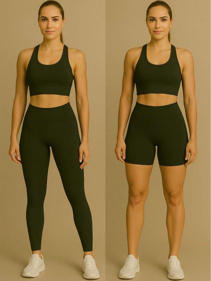 3-Piece Fitness Gym Set (Sizes M, Size M, Size M, Size M, Size M) – Top, Shorts, And Leggings | Non-See-Through Fabric With High Elastane - 軍綠色 - 查看 1