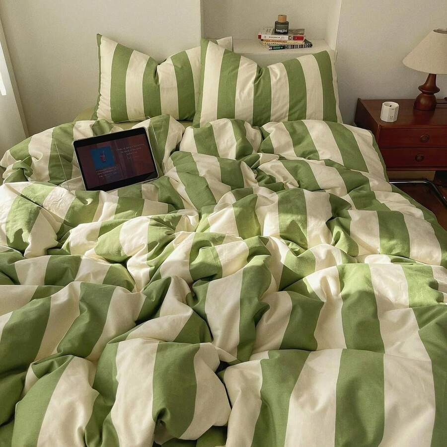 Tan Gingham Grid Duvet Cover Queen 3 Pieces Beige Plaid Duvet Cover 100% Washed Cotton Boho Plaid Comforter Cover With 2 Pillowcases Farmhouse Checkered Gingham Bedding Set Queen,  & Retro Style - 04# 鼠尾草綠條紋 - 查看 1