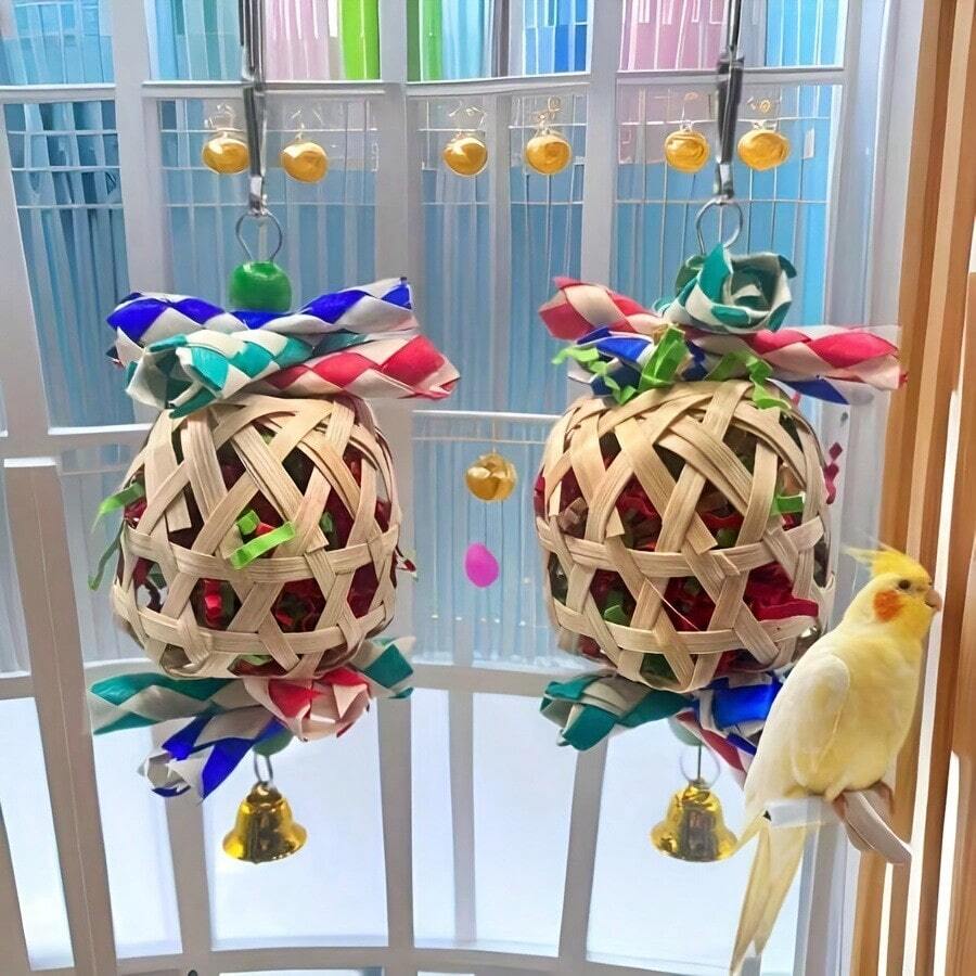 1 pieza/2 piezas Juguete de linterna de pájaro colorido, Juguete de loro navideño, Juguete de linterna de papel para masticar, Decoración de jaula de pájaros, Papel de color aleatorio