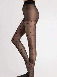 1pc Women's Cute & Elegant Heart Print Black Stockings Christmas Gift TGOK - 黑色 - 查看 3
