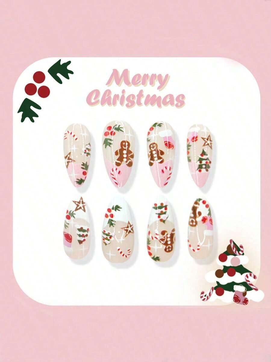 Christmas Nails, 24 Pieces Per Set Almond-Shaped Christmas Pink-White French Tips Adorable Gingerbread Man, Candy Cane, Christmas Tree And Holly Berry Designs Press-On Short Nails Suitable For Sassy Girls, Office Ladies, Parties, Dates And Everyday Wear Perfect For Festive Occasions - Nhiều màu 4 - Xem 1