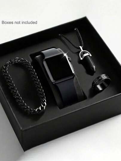 4/1 Stück modische und minimalistische Jungen LED Digital Elektronik Uhr und modisches Armband Ring Halskette Set, geeignet für Studenten, sehr passend für den täglichen Gebrauch wie Schule, Treffen und Reisen. Geburtstagsgeschenk, Abschlusszeit, Weihnachten, perfektes Geschenk für Jungen