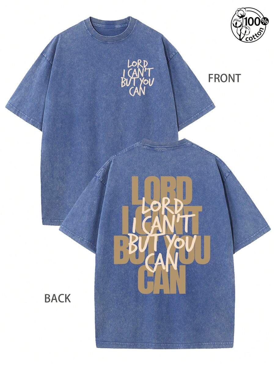 LORD I CAN'T BUT YOU CAN T-Shirt, Christian T-Shirt, Basic T-Shirt, Graphic Tee, 230G Washed Cotton Double-Sided Printed T-Shirt, Ropa De Hombre, Sports, Leisure, And Daily Comfort, Y2k, Jesus T-Shirt, Streetwear, Religious Belief, Men Fall Clothes - 藍色 - 查看 1