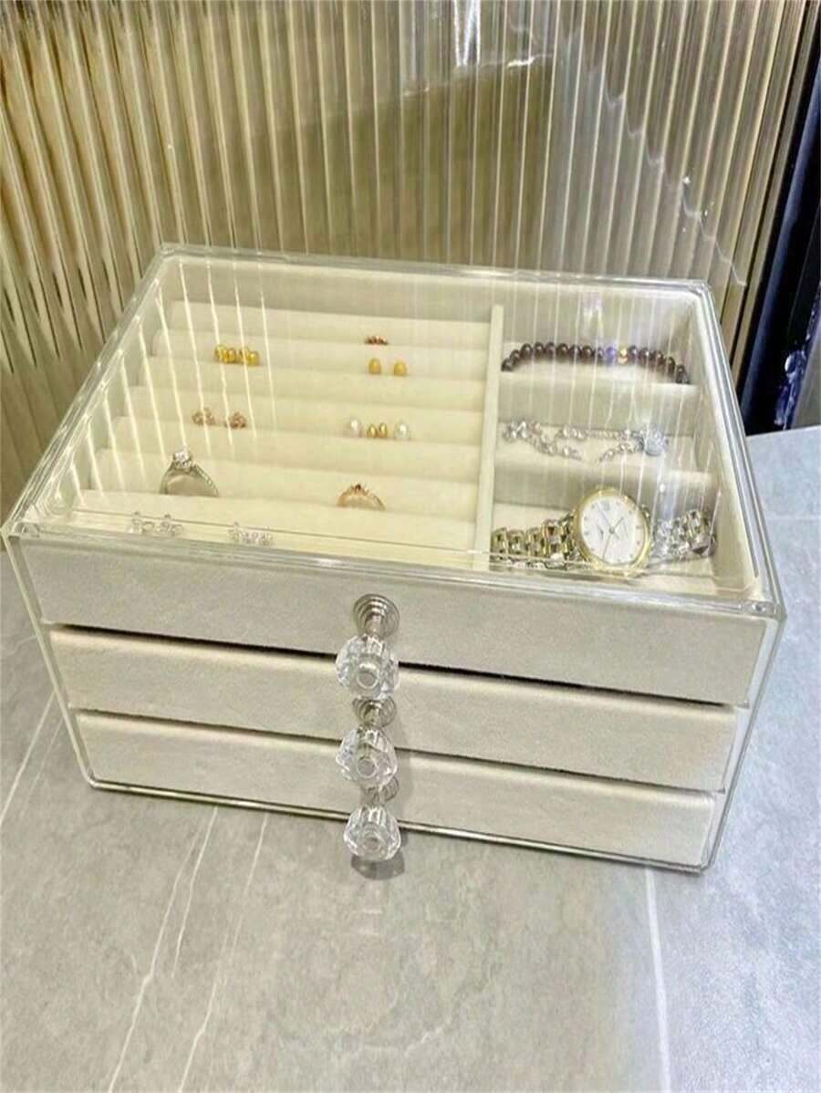 Jewelry Storage Box/Case/Jewelry/Necklaces/Rings/Three-Layer Flannel/3 - Màu be - Xem 1