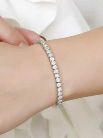 1 pieza Pulsera minimalista de tenis con cadena, cuatro garras de moissanita, delicada pulsera de lujo de una sola hilera con diamantes, ideal para uso diario, vacaciones y como regalo romántico para madre o novia.